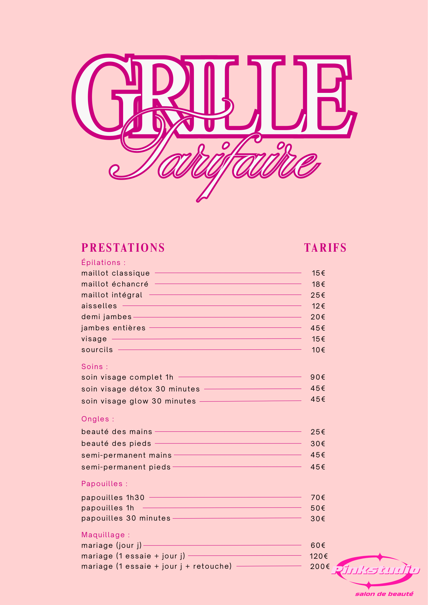 Grille tarifaire complète de Pink Studio 63